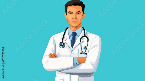 cartoon image of a doctor with brown hair a white coat a blue tie and a stethoscope around his neck standing against a turquoise background with his arms crossed