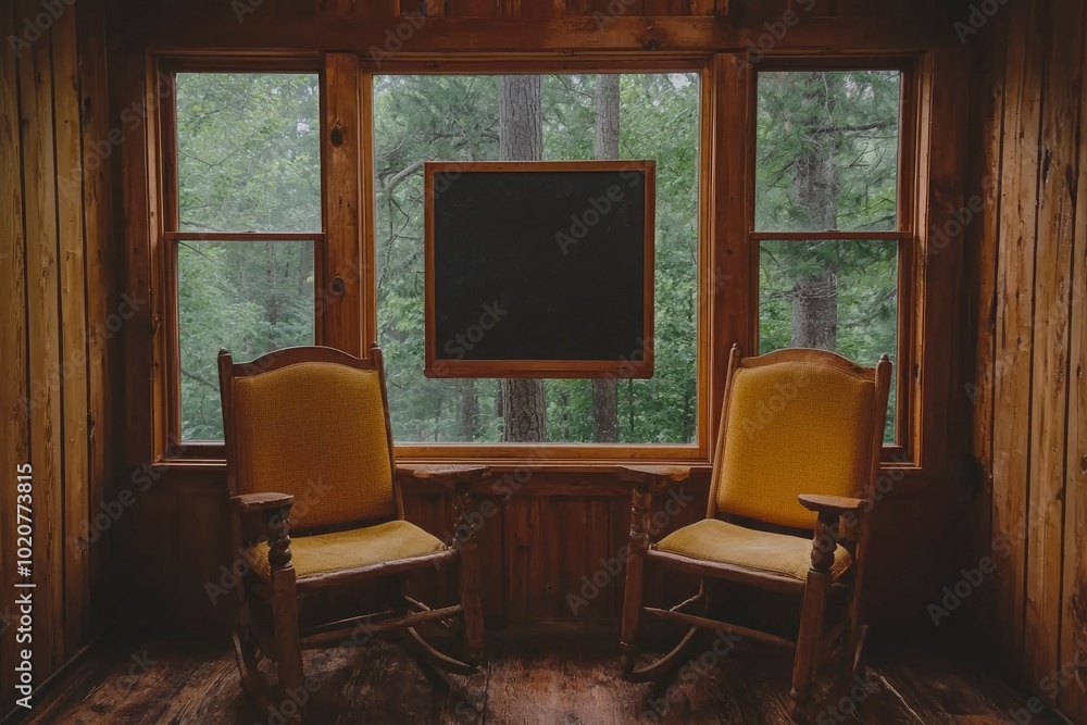 Fototapeta premium Two Rocking Chairs Facing Each Other in a Cabin with a View of Trees