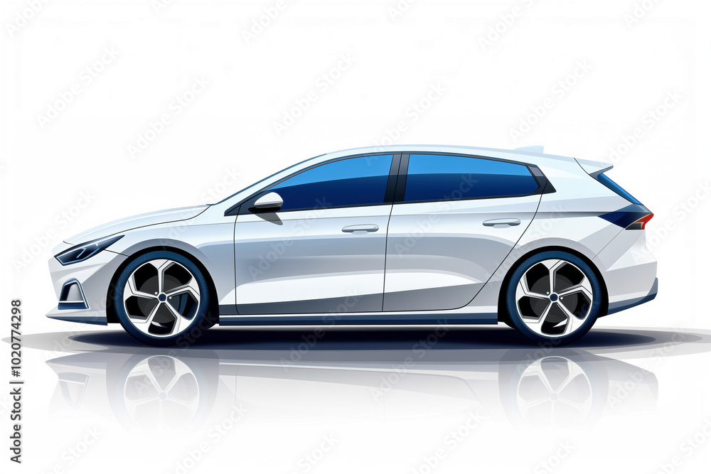 Sleek white hatchback car profile on white background during daylight, mockup, copy space Sleek white hatchback car profile on white background during daylight, mockup, copy space