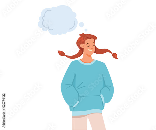 Woman Character Dreaming with Cumulus Cloud Imagining Vector Illustration