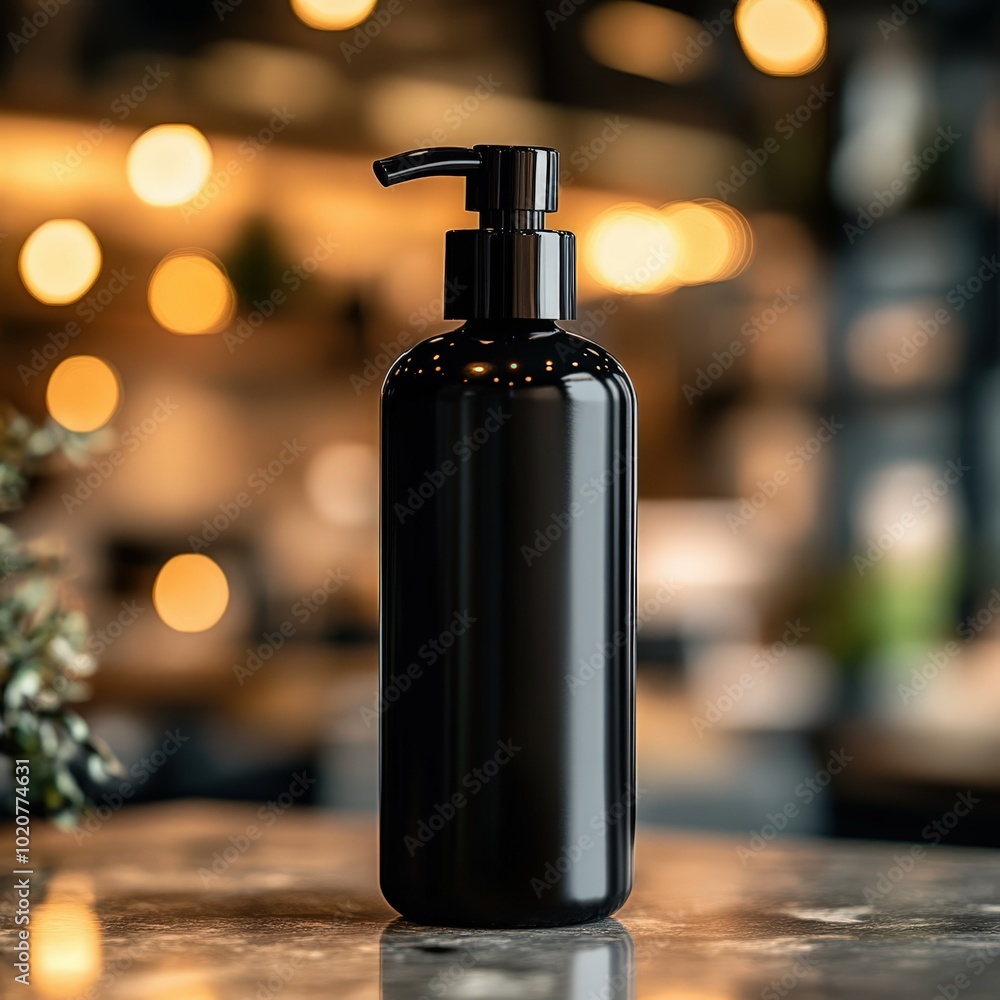 black cosmetic bottle with pump dispenser on wooden table black cosmetic bottle with pump dispenser on wooden table