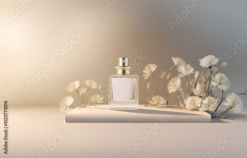 Wallpaper Mural A glass perfume bottle with a gold cap sits on a white platform in front of a light beige background. Delicate, white flowers are arranged to the right of the bottle. Torontodigital.ca