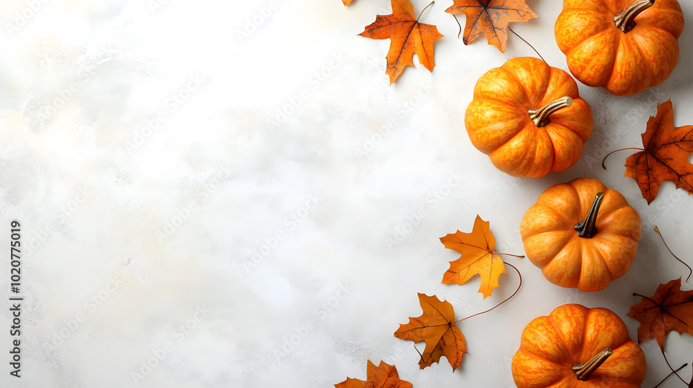 Fall Background with Orange Pumpkins and Fall Leaves on a Light Surface: A background featuring orange pumpkins and fall leaves on a light surface, perfect for autumn-themed designs. Fall Background with Orange Pumpkins and Fall Leaves on a Light Surface: A background featuring orange pumpkins and fall leaves on a light surface, perfect for autumn-themed designs.