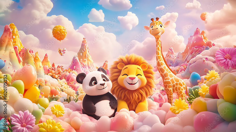 Obraz premium cheerful cartoon lion, panda, and giraffe, standing together in a playful fantasy world with candy-colored mountains and fluffy clouds, bright flowers blooming in the foreground