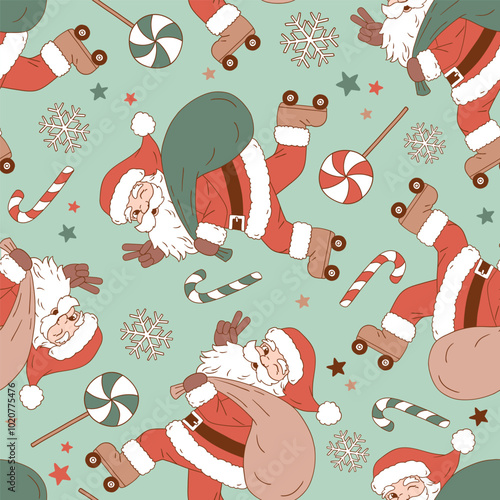 Seamless vector pattern with cute vintage Santa Claus on roller skate. Hand drawn retro Christmas background. Perfect for textile, wallpaper or nursery print design. EPS10 vector file.