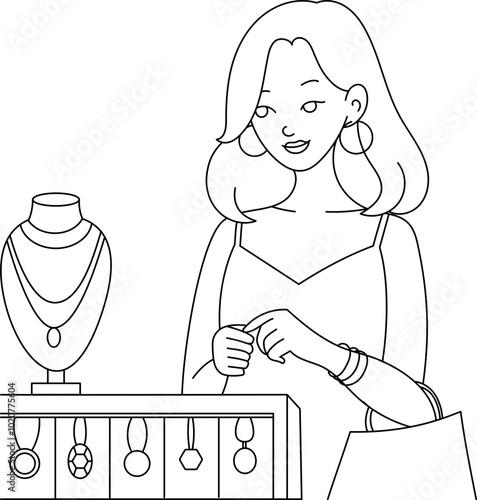 Lineart of a young woman wearing stylish accessories 
 shopping in jewelry store