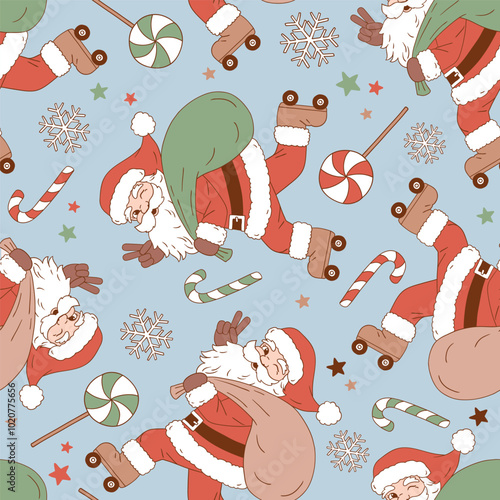 Seamless vector pattern with cute vintage Santa Claus on roller skate. Hand drawn retro Christmas background. Perfect for textile, wallpaper or nursery print design. EPS10 vector file.