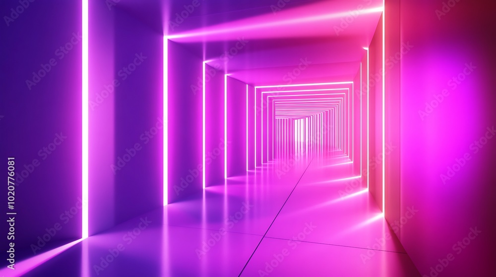 A mesmerizing corridor illuminated by a bold violet gradient and striking neon lights at twilight background
