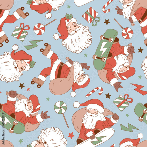 Seamless vector pattern with cute vintage Santa Claus on roller skate, skate board and snowboard. Hand drawn Christmas background. Perfect for textile, wallpaper or print design. EPS10 vector file.