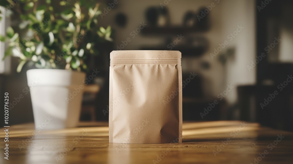 Blank packaging pouch on wooden table with plant Blank packaging pouch on wooden table with plant