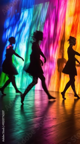 Silhouettes of dancers move gracefully against a vibrant, colorful backdrop, creating a dynamic and artistic visual experience.