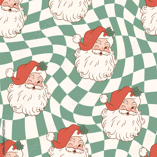 Seamless vector pattern with cute vintage Santa Claus. Hand drawn retro Christmas pattern. Checkered background. Perfect for textile, wallpaper or nursery print design. EPS10 vector file.