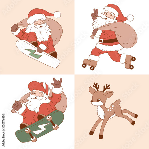 Vintage Santa Claus on roller skate, skate board and snowboard. Hand drawn vector characters. Perfect for tee-shirt logo, greeting card, sticker, clip art or nursery decor. EPS10 vector file.