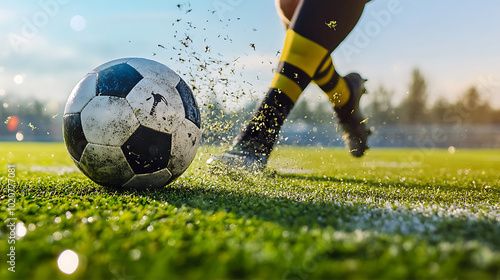 close-up of a football being kicked during a game, with the turf flying up in the background, highlighting the power of the kick