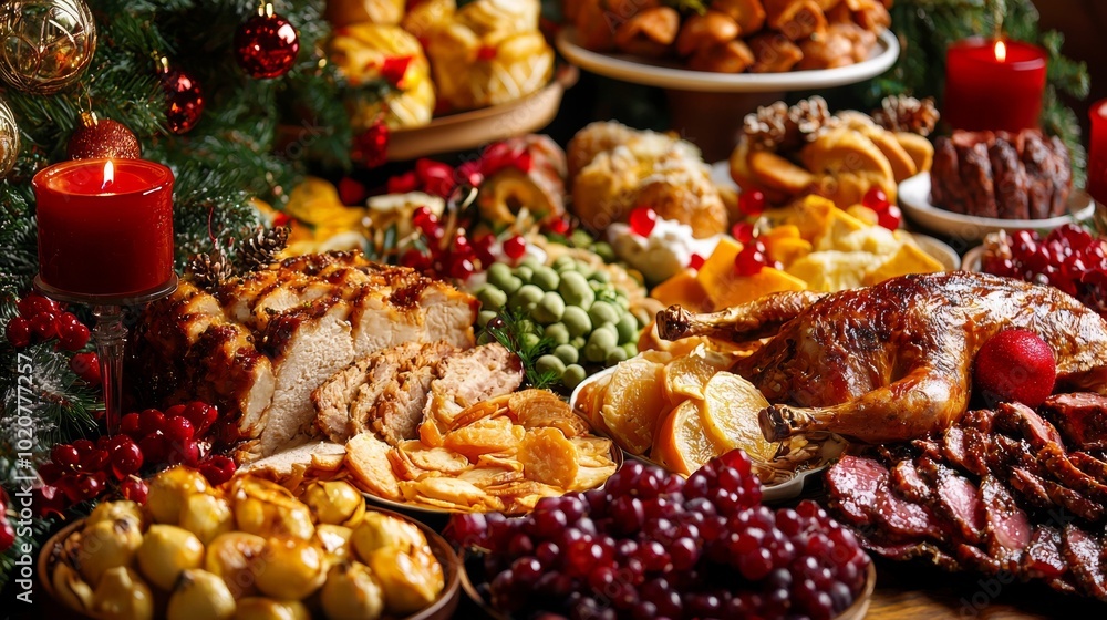 Lavish Christmas feast with roasted meats and holiday decorations Lavish Christmas feast with roasted meats and holiday decorations