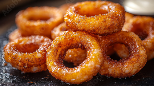 Close-up of perfectly fried calamari rings with a golden, crispy coating.