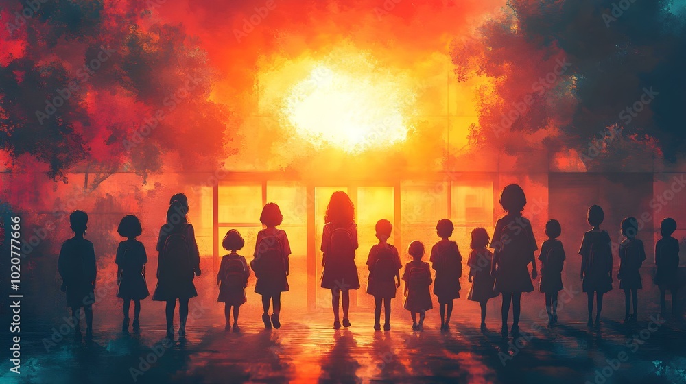 Fototapeta premium a group of childs standing in front of a fire