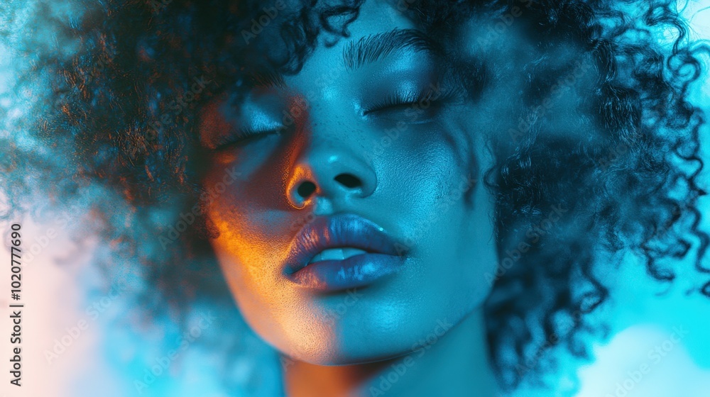close-up portrait of a woman with curly hair and dramatic lighting close-up portrait of a woman with curly hair and dramatic lighting