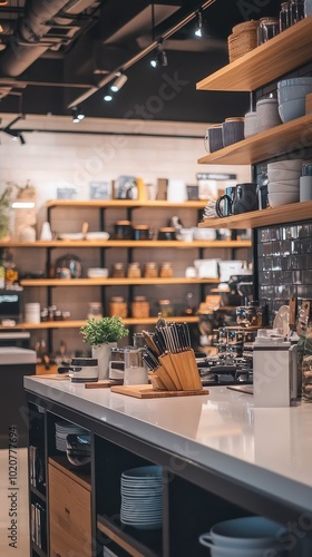 Stylish kitchen interior with organized shelves, wooden accents, and modern utensils creating an inviting cooking space.