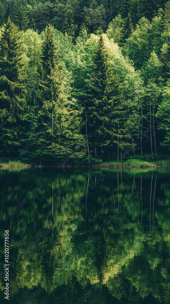 Tranquil forest scene reflecting on calm water, showcasing lush green trees and peaceful nature surroundings. Tranquil forest scene reflecting on calm water, showcasing lush green trees and peaceful nature surroundings.