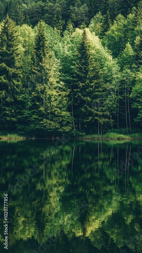 Tranquil forest scene reflecting on calm water, showcasing lush green trees and peaceful nature surroundings.