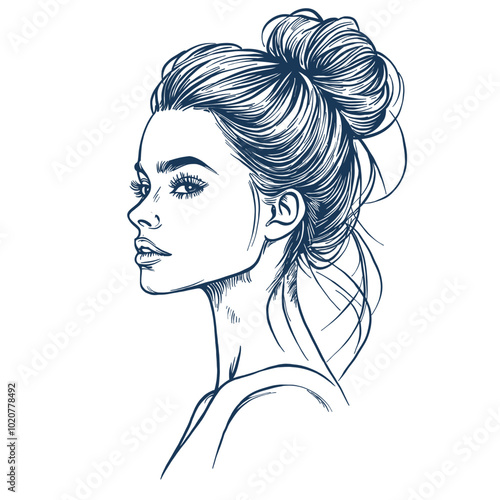 Vector illustration of an elegant woman with hair in a high braid, looking to the side, simple design, outline drawing, white background