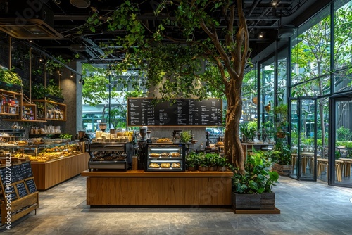 Modern Coffee Shop Interior with Tree and Menu Boards