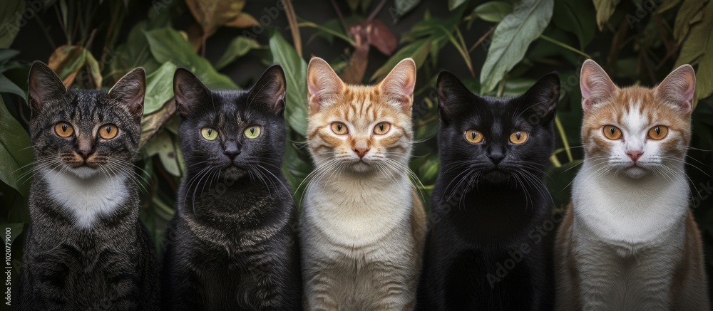 group of curious cats in a lush green garden group of curious cats in a lush green garden