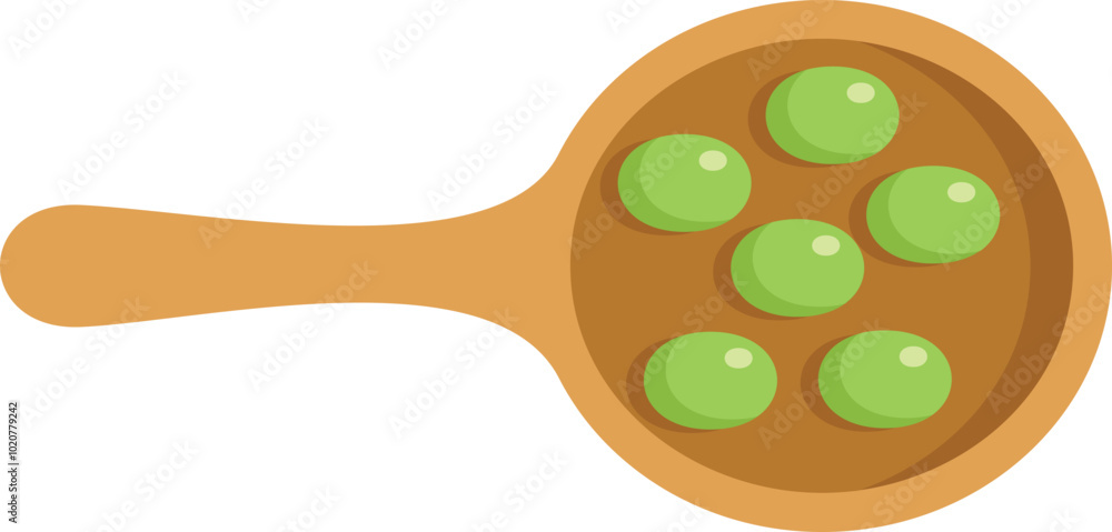 Wooden spoon is holding green peas, shot from above, in a minimalist and colorful style Wooden spoon is holding green peas, shot from above, in a minimalist and colorful style