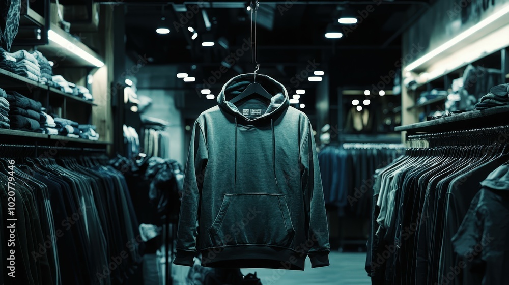 Hooded sweatshirt hanging in dark clothing store Hooded sweatshirt hanging in dark clothing store