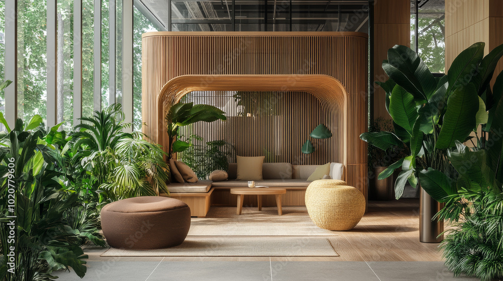 Nature-inspired office relaxation space with earthy tones, wooden furniture, and lush greenery to create a calming atmosphere Nature-inspired office relaxation space with earthy tones, wooden furniture, and lush greenery to create a calming atmosphere