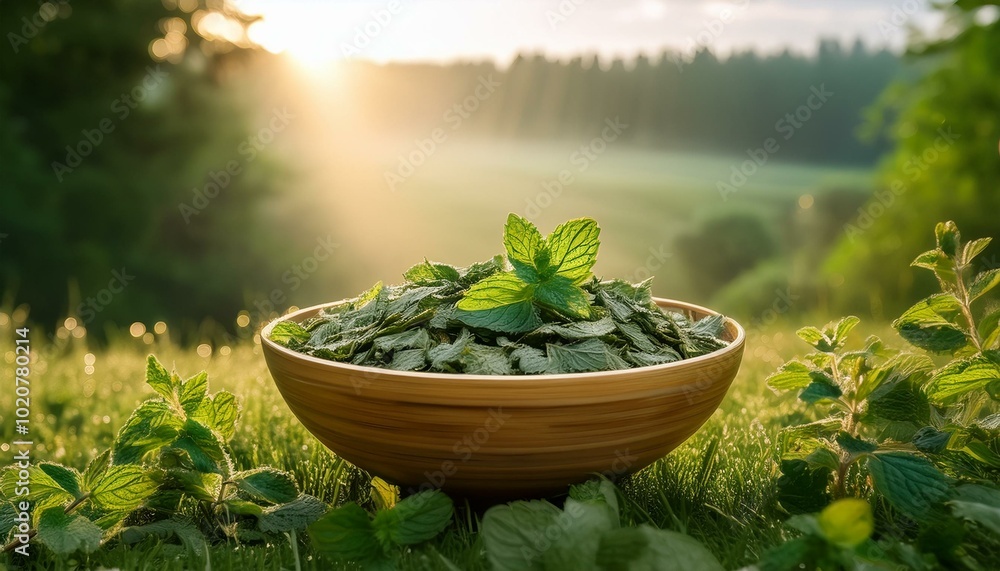 Bowl of fresh mint leaves in nature Bowl of fresh mint leaves in nature