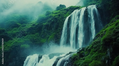 Majestic Waterfall in Lush Rainforest