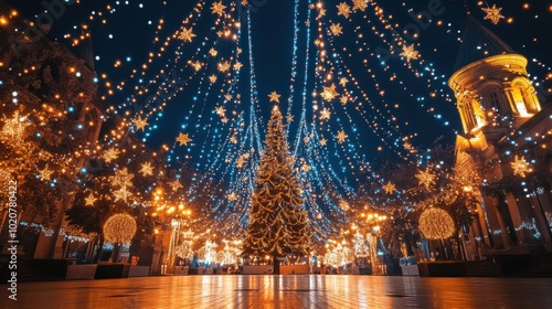 Festive christmas lights embrace the architecture in tbilisi, georgia, featuring a grand tree and shimmering stars.