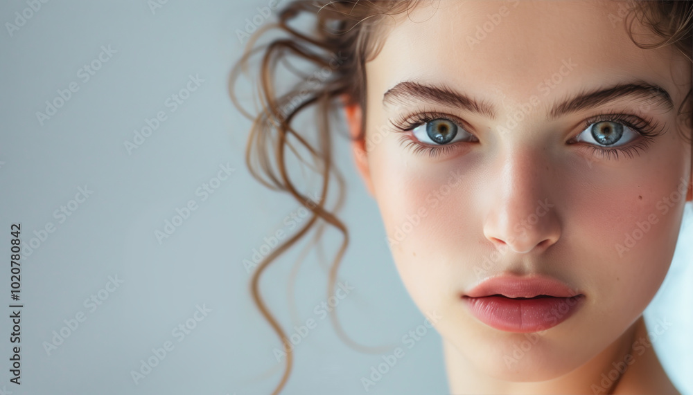 Close-Up Photograph of a Young Woman with Blue Eyes and Curly Hair for Beauty and Fashion Concepts Close-Up Photograph of a Young Woman with Blue Eyes and Curly Hair for Beauty and Fashion Concepts