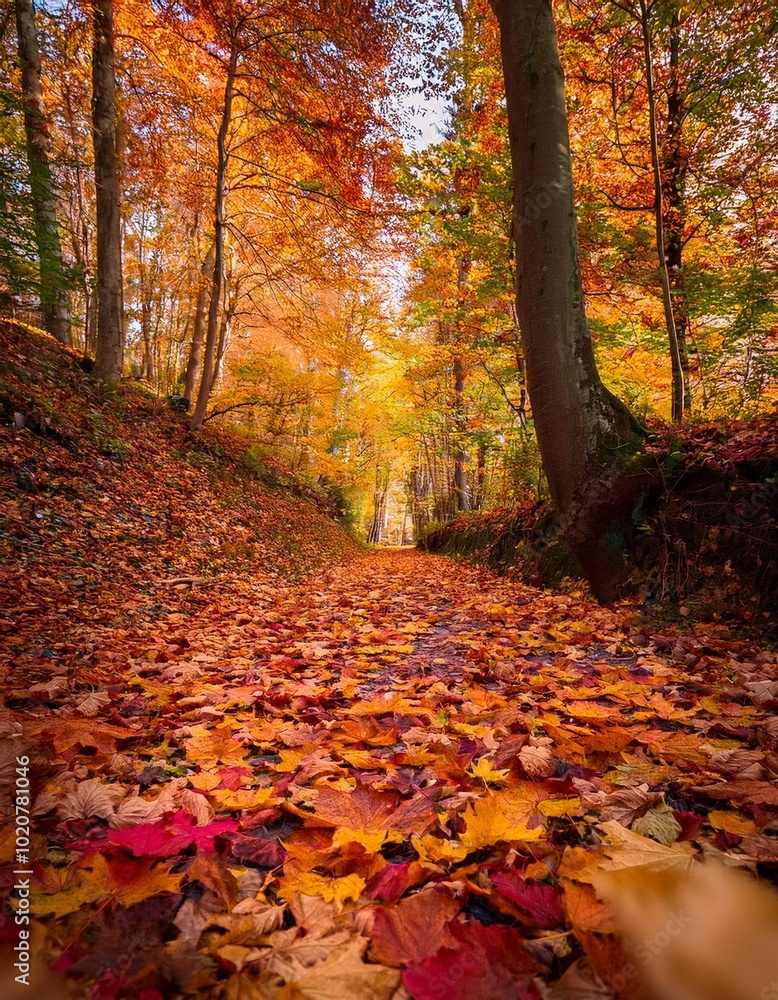 Naklejka premium Autumnal path through trees