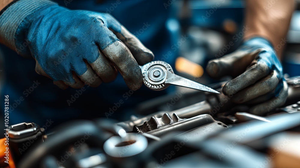 Close-up of Mechanic's Hands Holding a Wrench and Working on an Engine