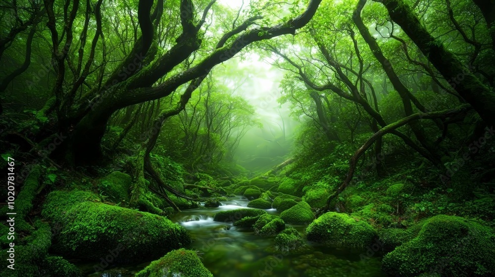 Fototapeta premium Misty green forest stream with mossy rocks.