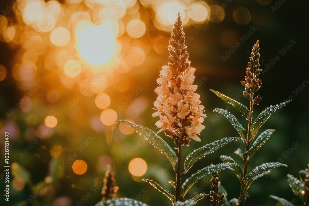 Delicate Flower Bloom with Dew Drops and Golden Bokeh Delicate Flower Bloom with Dew Drops and Golden Bokeh