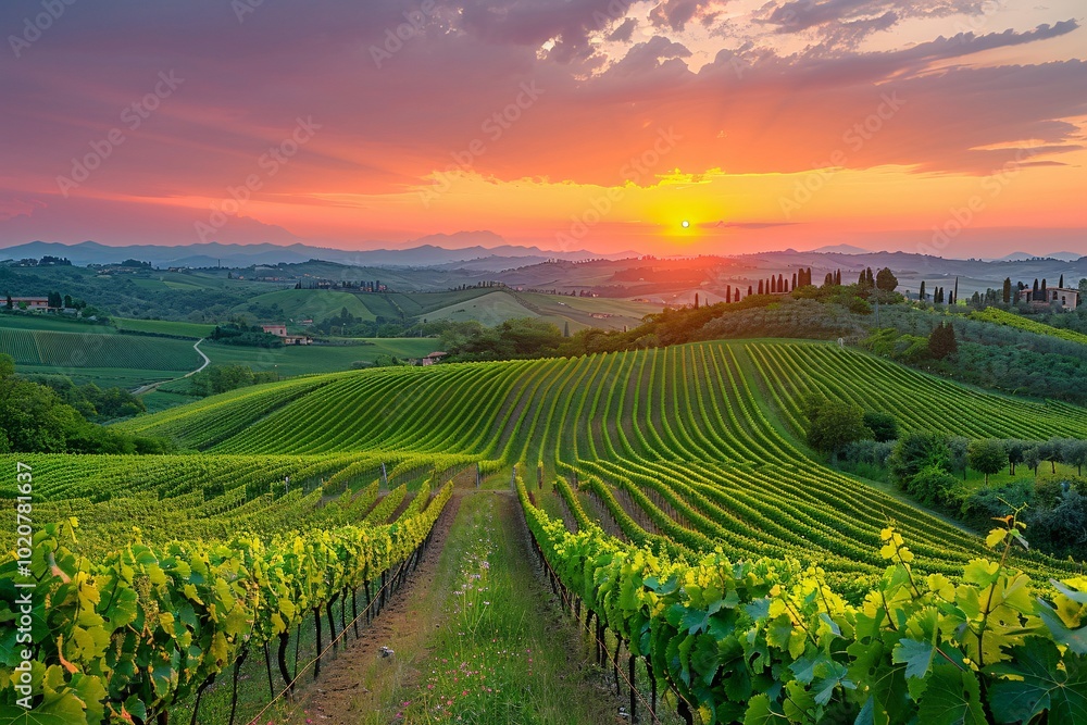 A breathtaking view of Tuscany's rolling vineyards at sunset, where rows of grapevines stretch across hills under a colorful sky. The beauty of nature is highlighted by the rich foliage A breathtaking view of Tuscany's rolling vineyards at sunset, where rows of grapevines stretch across hills under a colorful sky. The beauty of nature is highlighted by the rich foliage