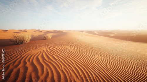 Windswept desert landscape, stir up swirling sand dunes by wind.