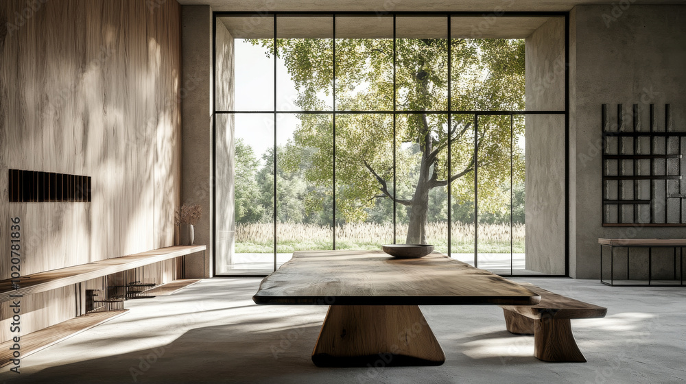 Spacious minimalist office with large wooden table, metal accents, neutral tones, few decorative pieces, large window view of nature Spacious minimalist office with large wooden table, metal accents, neutral tones, few decorative pieces, large window view of nature