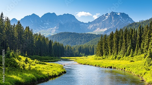 Verdant forest spreads in foreground with evergreen trees and mountain on background.