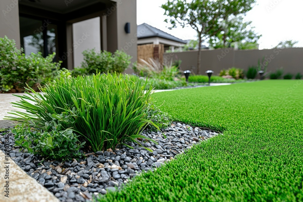 Lush Green Grass and Gravel Border in a Modern Backyard Lush Green Grass and Gravel Border in a Modern Backyard