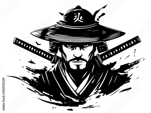 Japanese samurai with swords wearing a cap vector