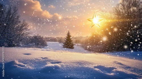 A Christmas star shining brightly over a snow-covered landscape, symbolizing new beginnings, happiness, and the magic of the holiday season.