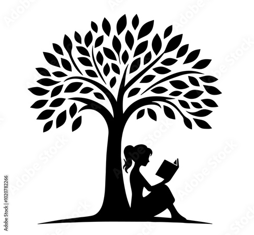 woman reading a book under a tree woman studying under a tree vector photo