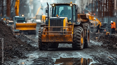 Yellow Construction Excavator on a Muddy Road