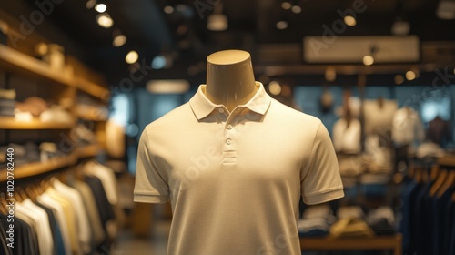 Beige polo shirt on display in clothing store