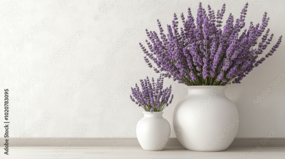 Lavender flowers in white vases on wooden table Lavender flowers in white vases on wooden table